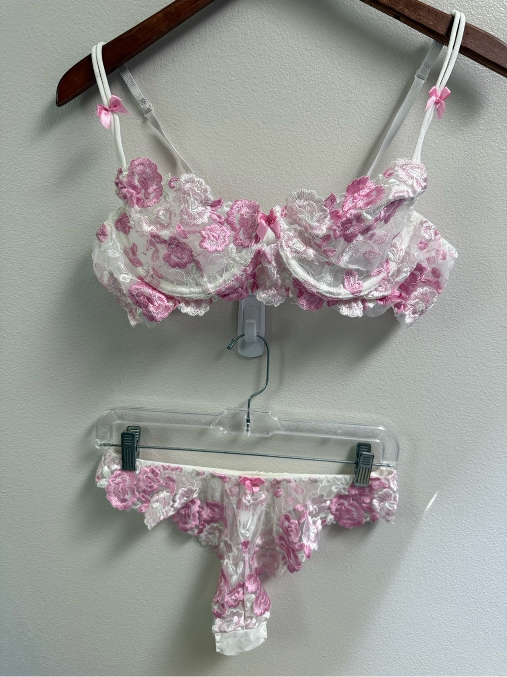 Sheer Floral Embroidered Lace Bra & Thong Set White with Pink Floral